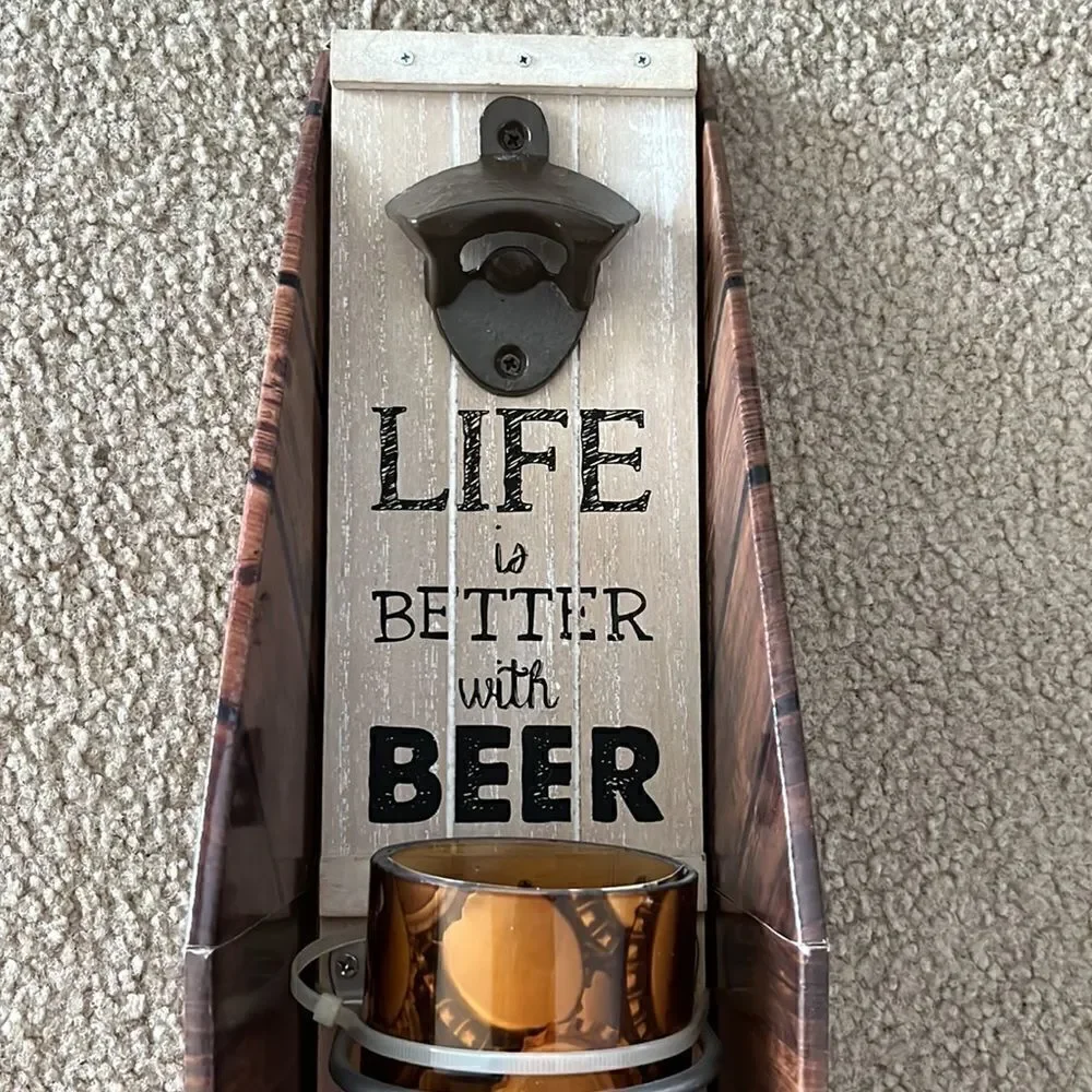 Wall Mounted Beer Cap Collector with Upside Down Glass Bottle and Cap Opener